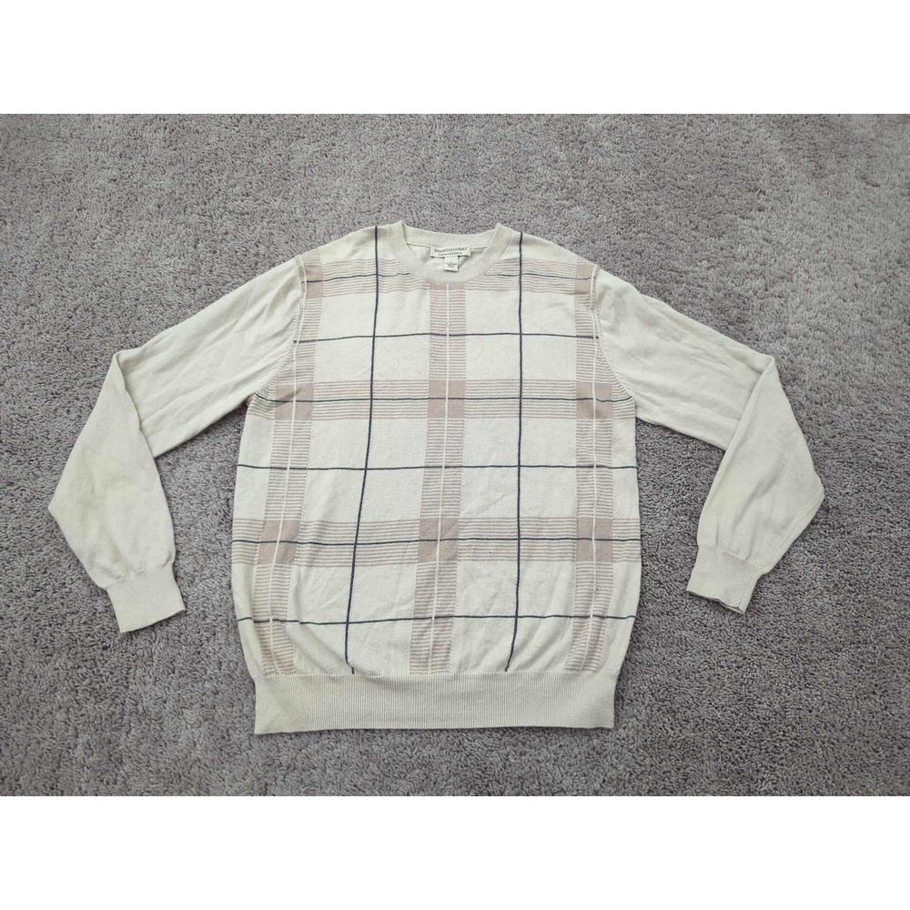 Pronto Uomo Sweater Mens Large Beige Plaid Cotton 5% Cashmere Crewneck Pullover